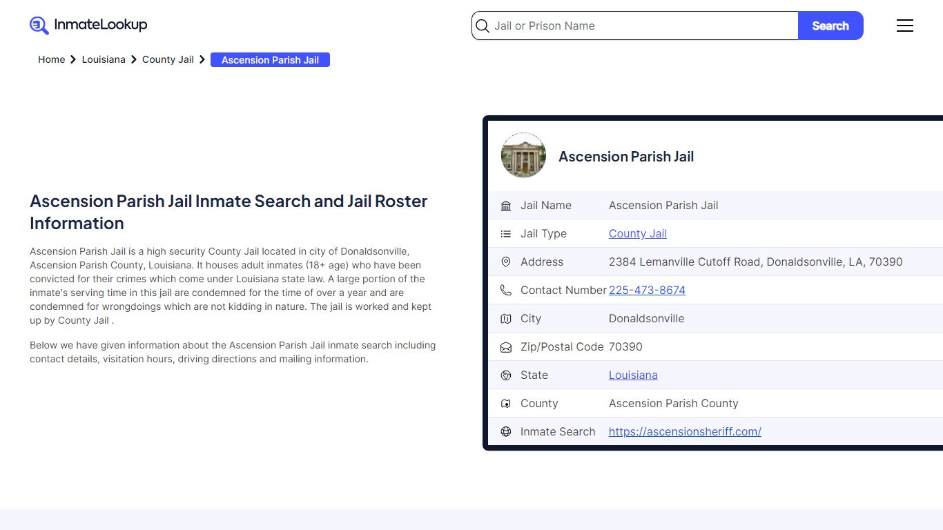 Ascension Parish Jail Inmate Search and Jail Roster Information